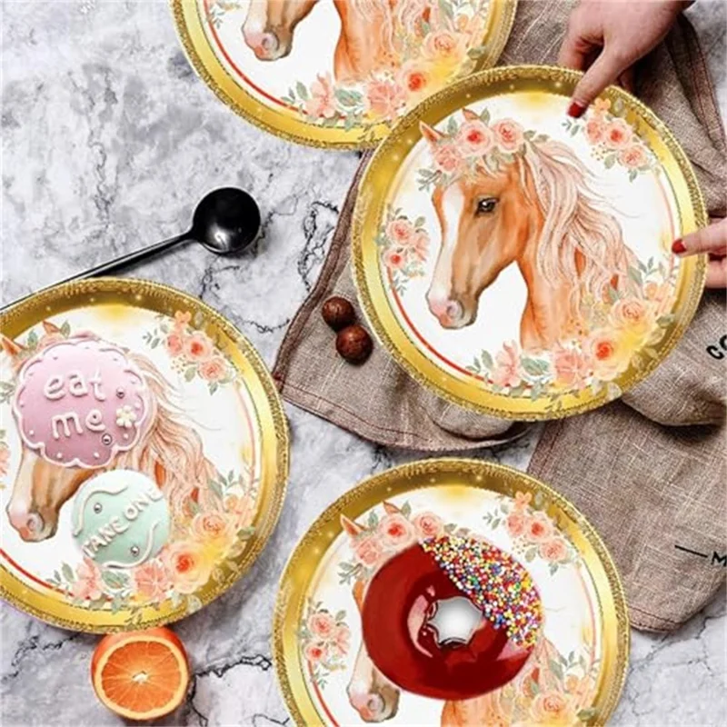 52Pcs Horse Theme Birthday Party Decorations Tableware Set with 16 Paper Plates, 16 Cups, 20 Napkins, for Celebration (No FDA)