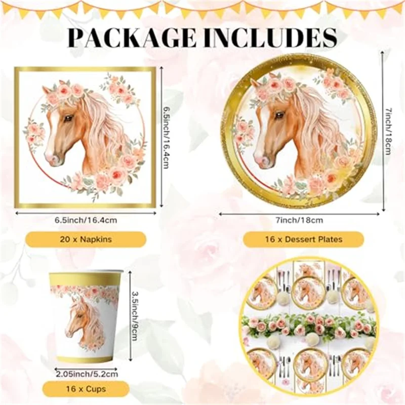 52Pcs Horse Theme Birthday Party Decorations Tableware Set with 16 Paper Plates, 16 Cups, 20 Napkins, for Celebration (No FDA)