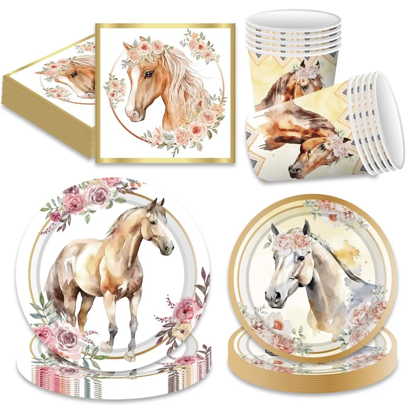 50 Teile Pferde-Thema Geburtstags-Partygeschirr-Set mit Pappellern, Bechern, Servietten für Feiertagsfeier (kein FDA)
