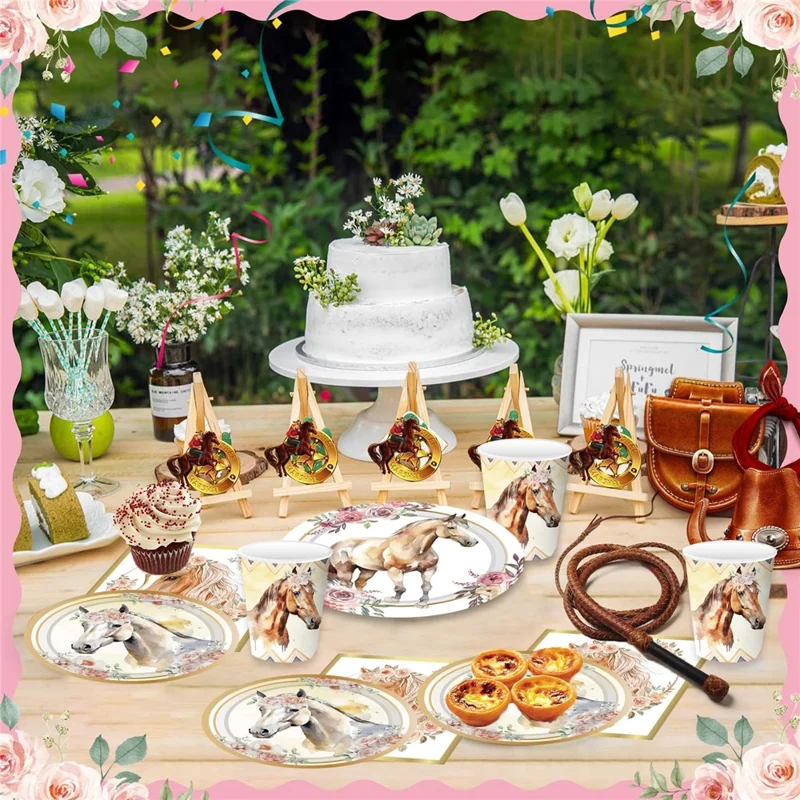 50 Teile Pferde-Thema Geburtstags-Partygeschirr-Set mit Pappellern, Bechern, Servietten für Feiertagsfeier (kein FDA)