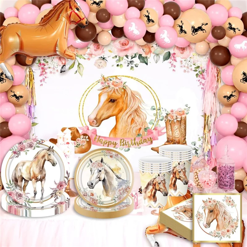 50 Teile Pferde-Thema Geburtstags-Partygeschirr-Set mit Pappellern, Bechern, Servietten für Feiertagsfeier (kein FDA)