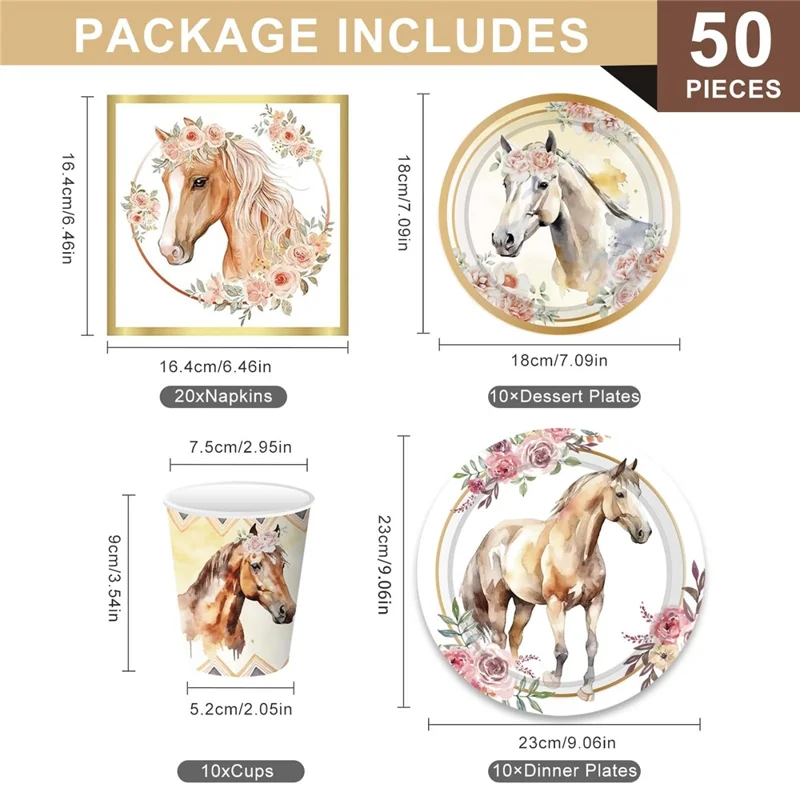 50 Teile Pferde-Thema Geburtstags-Partygeschirr-Set mit Pappellern, Bechern, Servietten für Feiertagsfeier (kein FDA)