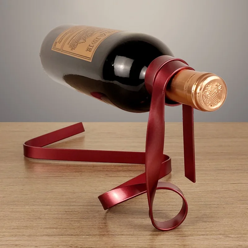 Soporte para botella de vino con diseño de cinta de colores, soporte exhibidor flotante, decoración creativa para mesa - Rojo