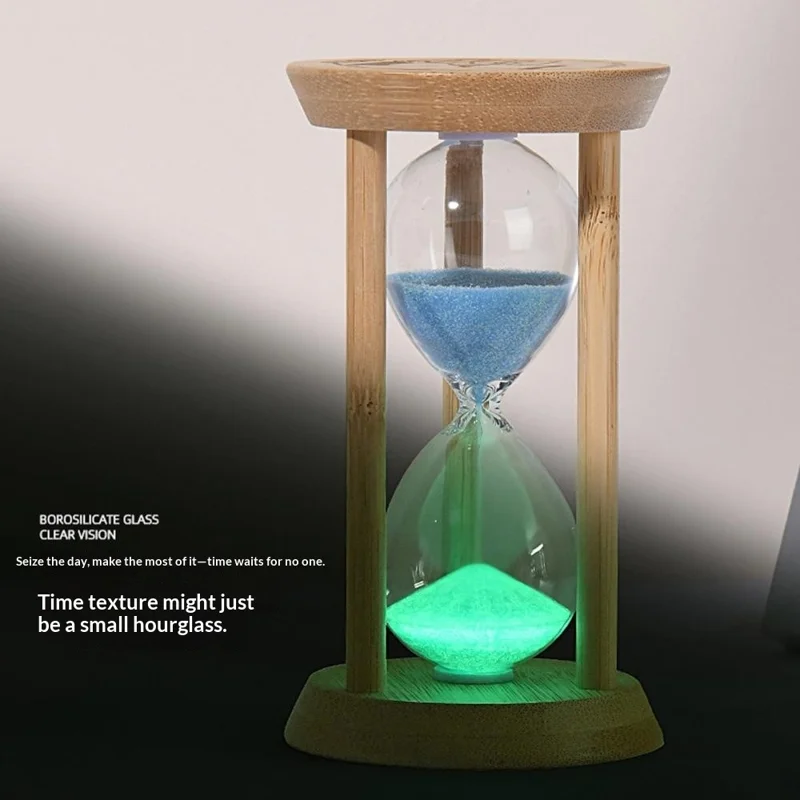 Time Hourglass 10 Minutes Sand Timer Luminous Design Engraved Wooden Base Desktop Decoration - Blue