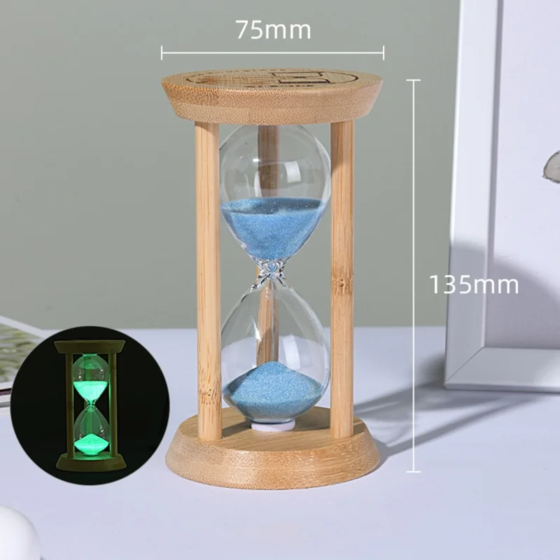 Time Hourglass 10 Minutes Sand Timer Luminous Design Engraved Wooden Base Desktop Decoration - Blue
