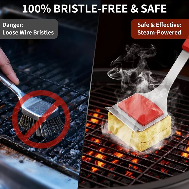 Spazzola per griglia BBQ 2 in 1 resistente alle alte temperature, spatola in acciaio inossidabile, spazzola per la pulizia della griglia con manico lungo e dischi di pulizia sostituibili
