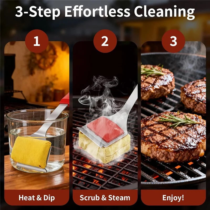 Spazzola per griglia BBQ 2 in 1 resistente alle alte temperature, spatola in acciaio inossidabile, spazzola per la pulizia della griglia con manico lungo e dischi di pulizia sostituibili