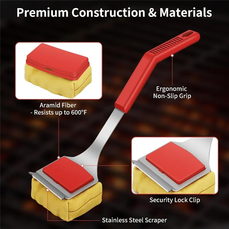 Spazzola per griglia BBQ 2 in 1 resistente alle alte temperature, spatola in acciaio inossidabile, spazzola per la pulizia della griglia con manico lungo e dischi di pulizia sostituibili