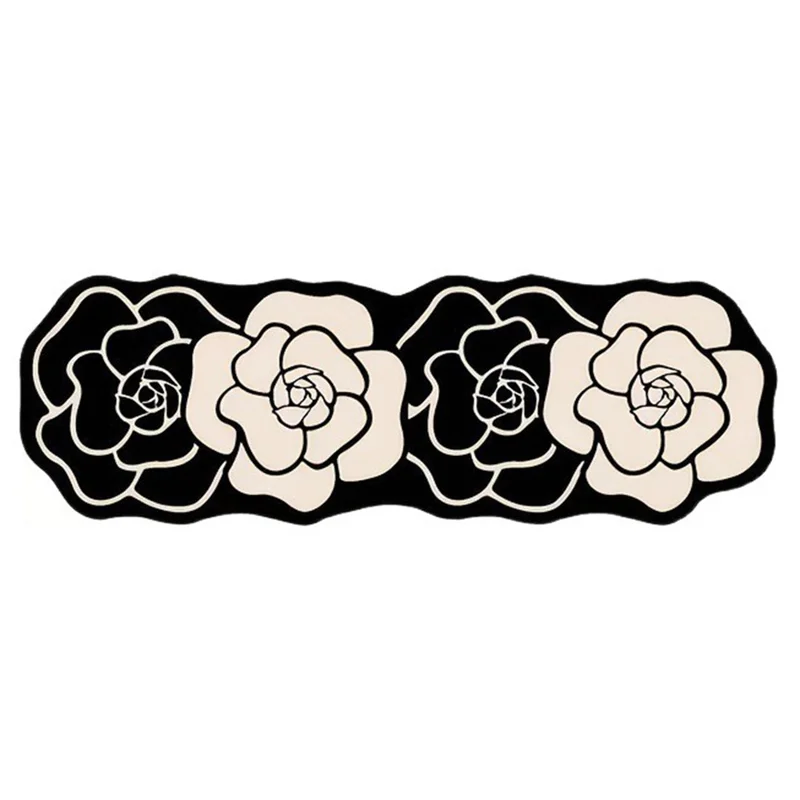 2Pcs / Set 40 x 60cm + 40 x 120cm Black and White Flower Pattern Kitchen Mats Water Absorbent Diatomite Non Slip Floor Pad - Four-petaled Flower