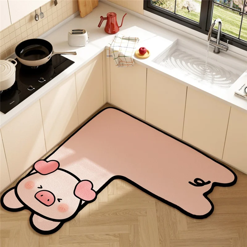 90 x 90 x 40cm L-Shaped Corner Bathroom Mat Cartoon Animal Pattern Non Slip Absorbent Foot Pad - Pig / Left