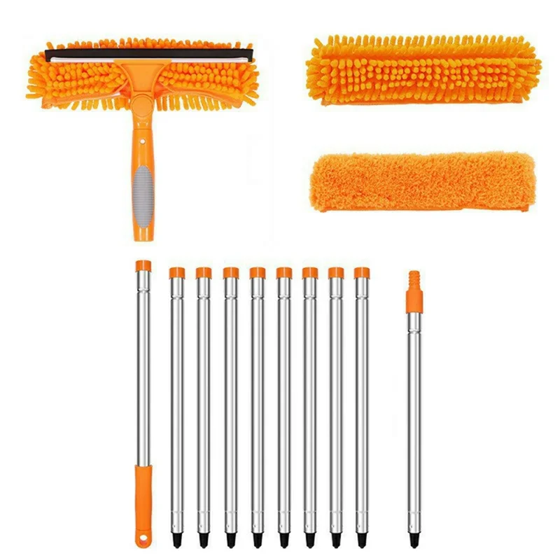 3,85 m 2-in-1 Telescopische Ruiteglaswisser Mop met 10 Uitschuifbare Delen en 2 Doeken - Oranje