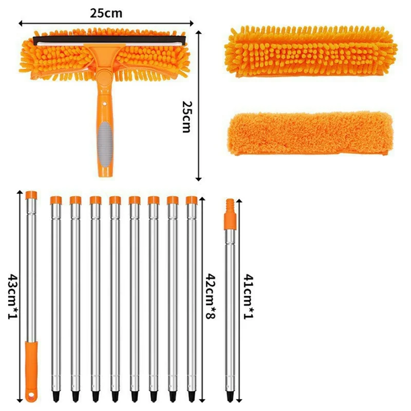 3,85 m 2-in-1 Telescopische Ruiteglaswisser Mop met 10 Uitschuifbare Delen en 2 Doeken - Oranje