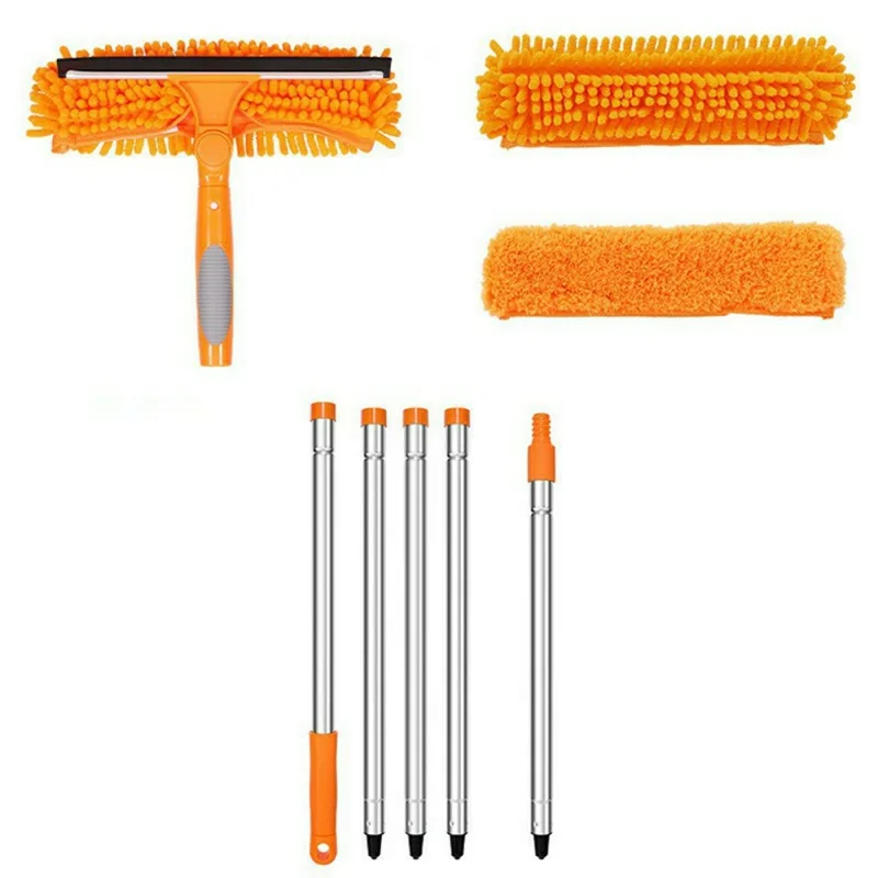 2,05 m 2-in-1 Telescopische Ruiteglaswisser Mop met 5-Delige Uitschuifbare Steel en 2 Doeken - Oranje