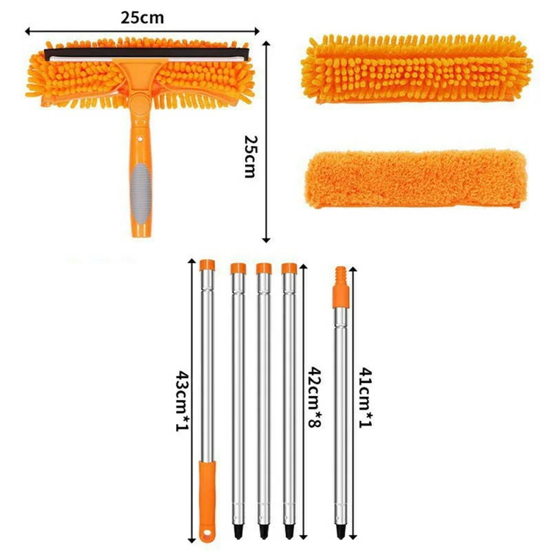 2,05 m 2-in-1 Telescopische Ruiteglaswisser Mop met 5-Delige Uitschuifbare Steel en 2 Doeken - Oranje