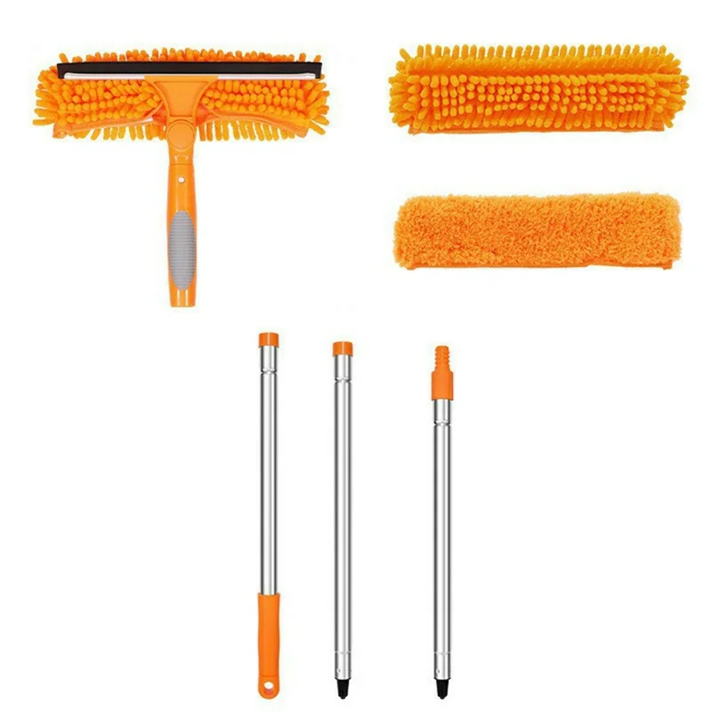 1,35 m 2-in-1 Telescopische Ruitenreiniger Glijder Mop 3-Delige Uitschuifbare Steel met 2 Stks Doekkop - Oranje