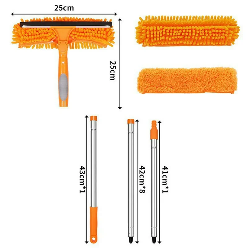1,35 m 2-in-1 Telescopische Ruitenreiniger Glijder Mop 3-Delige Uitschuifbare Steel met 2 Stks Doekkop - Oranje