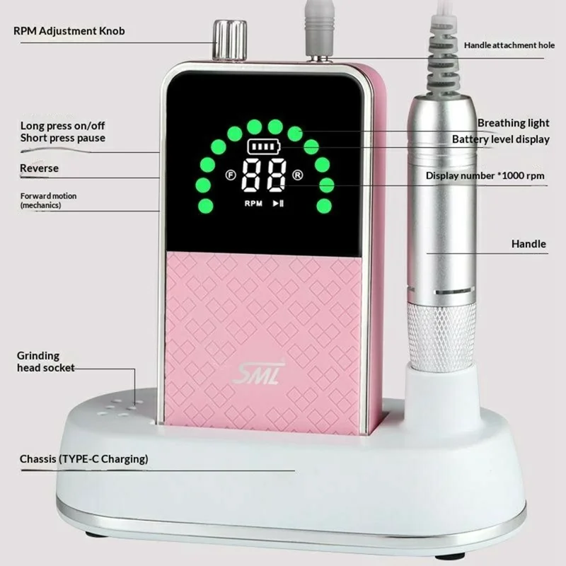SML Máquina de Broca Portátil para Unhas 50000 RPM com Display Digital - Rosa