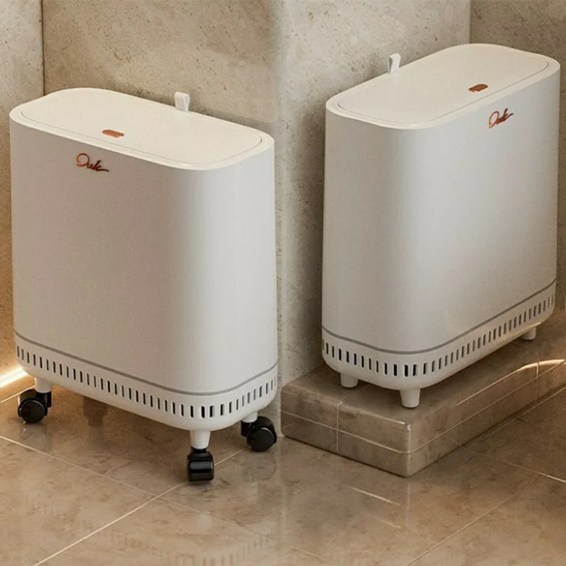 OUK 31 x 15 x 38 cm Poubelle étroite pour salle de bain avec roulettes/couvercle, Corbeille de toilette scellée gain de place pour espaces exigus - Blanc