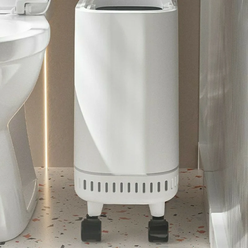 OUK 31 x 15 x 38 cm Poubelle étroite pour salle de bain avec roulettes/couvercle, Corbeille de toilette scellée gain de place pour espaces exigus - Blanc