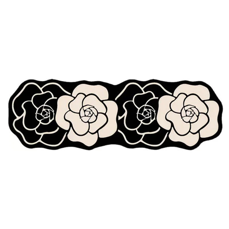 2Pcs  /  Set 50 x 80cm + 50 x 150cm Black and White Flower Pattern Kitchen Mats Water Absorbent Diatomite Non Slip Floor Pad - Four-petaled Flower