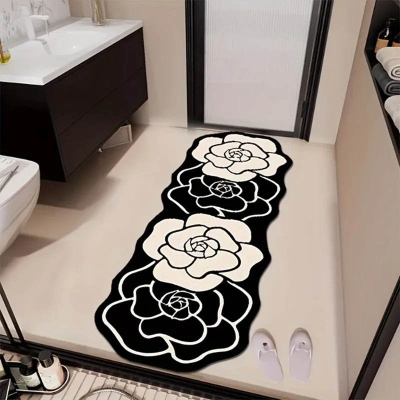 2Pcs  /  Set 50 x 80cm + 50 x 150cm Black and White Flower Pattern Kitchen Mats Water Absorbent Diatomite Non Slip Floor Pad - Four-petaled Flower