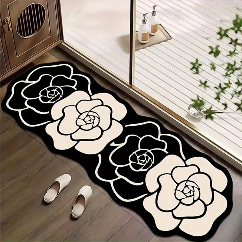 2Pcs  /  Set 50 x 80cm + 50 x 150cm Black and White Flower Pattern Kitchen Mats Water Absorbent Diatomite Non Slip Floor Pad - Four-petaled Flower