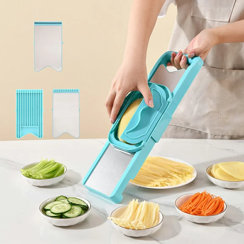 Multifunktions-Gemüseschneider mit 5 austauschbaren Messern, Doppeltür-Handschutz, sicher und effizient (ohne FDA, BPA-frei) - Grün