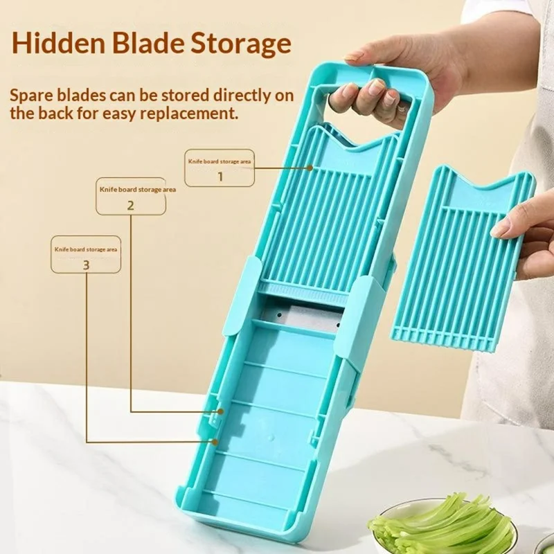 Multifunktions-Gemüseschneider mit 5 austauschbaren Messern, Doppeltür-Handschutz, sicher und effizient (ohne FDA, BPA-frei) - Grün