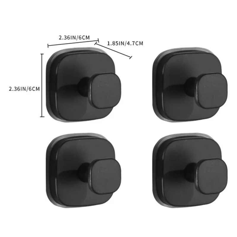4 Peças de Ganchos em Aço Inoxidável com Ventosa, Sem Perfuração, Cabide Quadrado para Casa de Banho e Cozinha - Preto