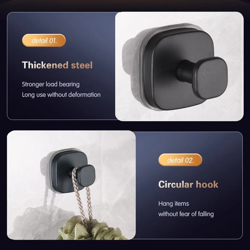 4 Peças de Ganchos em Aço Inoxidável com Ventosa, Sem Perfuração, Cabide Quadrado para Casa de Banho e Cozinha - Preto