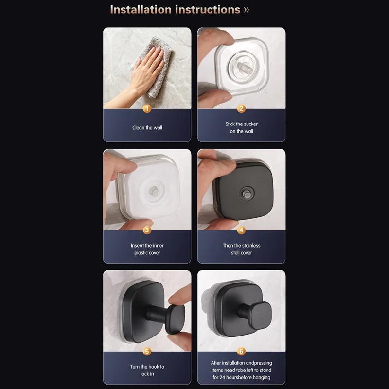 4 Peças de Ganchos em Aço Inoxidável com Ventosa, Sem Perfuração, Cabide Quadrado para Casa de Banho e Cozinha - Preto