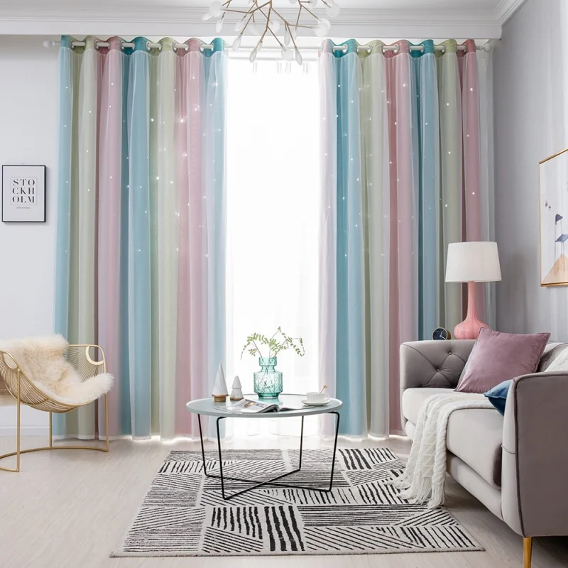 1Pc 132 x 240cm Double Layer Blackout Curtain Hollow-Out Star Gradient Curtain for Bedroom Living Room - Pink
