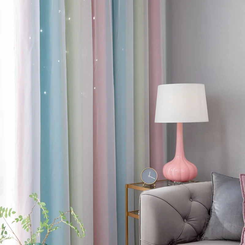 1Pc 132 x 240cm Double Layer Blackout Curtain Hollow-Out Star Gradient Curtain for Bedroom Living Room - Pink