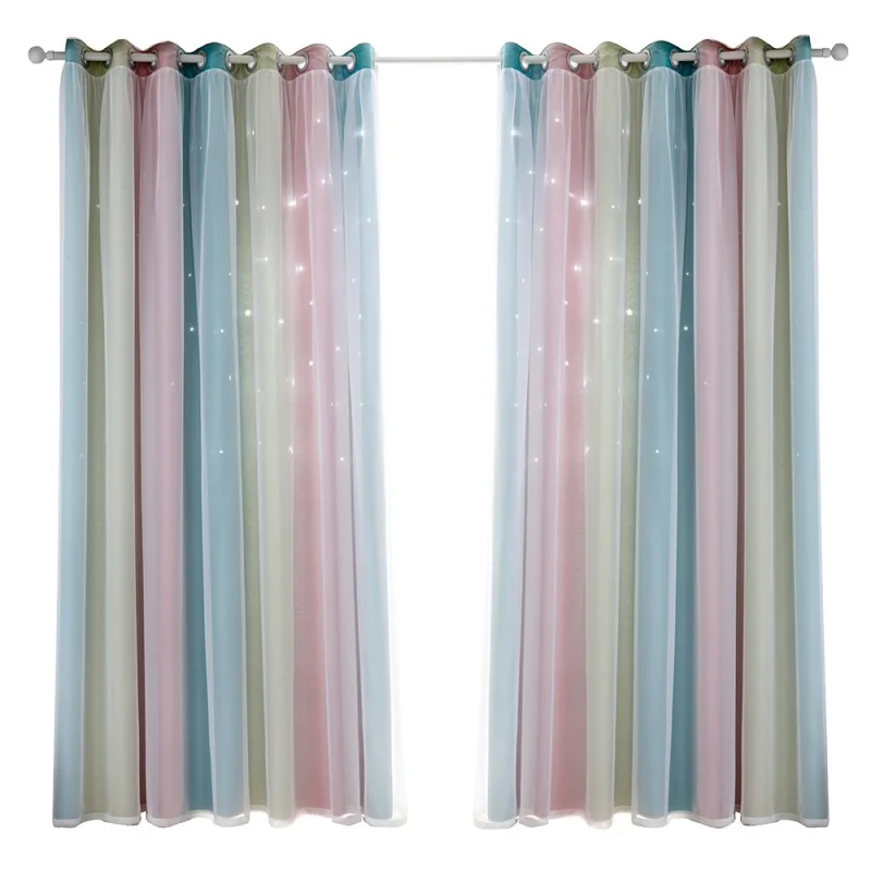 1Pc 132 x 270cm Double Layer Blackout Curtain Hollow-Out Star Gradient Curtain for Bedroom Living Room - Pink