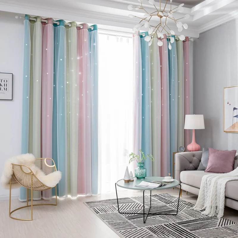 1Pc 132 x 270cm Double Layer Blackout Curtain Hollow-Out Star Gradient Curtain for Bedroom Living Room - Pink