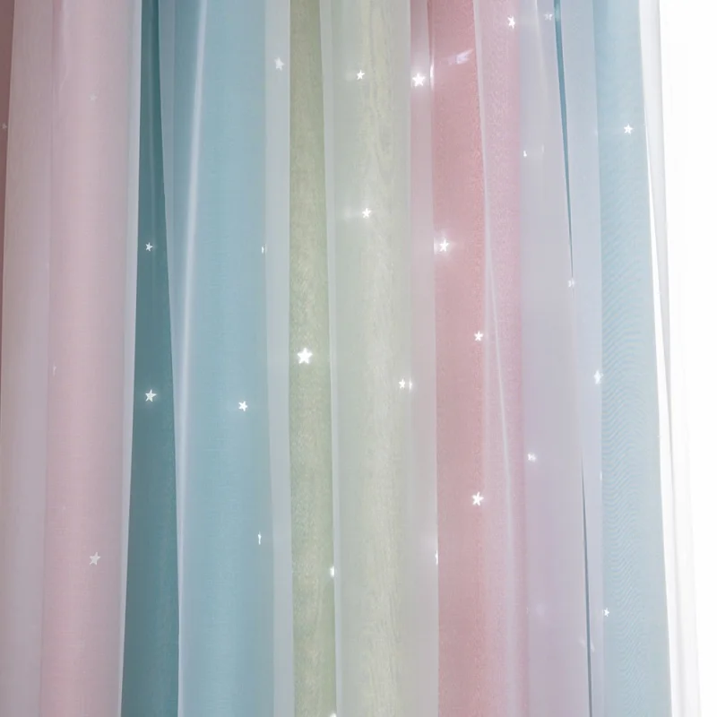1Pc 132 x 270cm Double Layer Blackout Curtain Hollow-Out Star Gradient Curtain for Bedroom Living Room - Pink