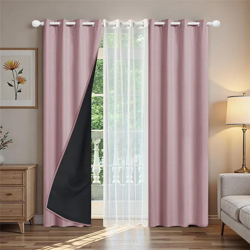 3Pcs 132 x 240cm Curtains Set Blackout Curtains Drapes for Living Room Bedroom - 2Pcs Pink + 1Pc White