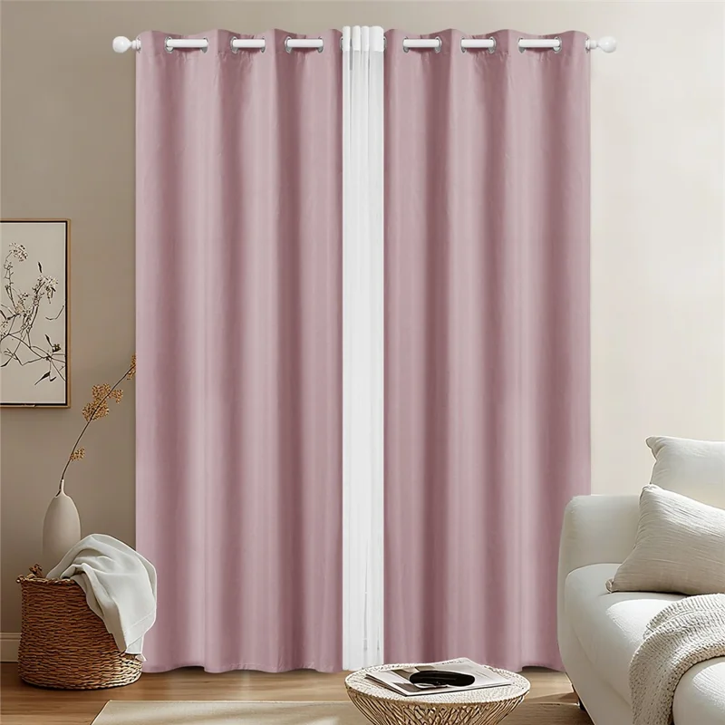 3Pcs 132 x 240cm Curtains Set Blackout Curtains Drapes for Living Room Bedroom - 2Pcs Pink + 1Pc White