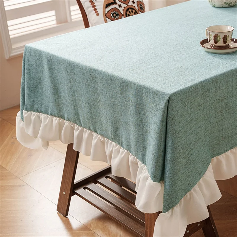 140 x 180cm Cotton Linen Tablecloth Ruffle Thick Table Cloth Cover for Wedding Party Dining Banquet - Green