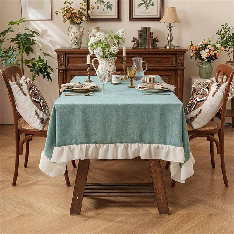 140 x 180cm Cotton Linen Tablecloth Ruffle Thick Table Cloth Cover for Wedding Party Dining Banquet - Green