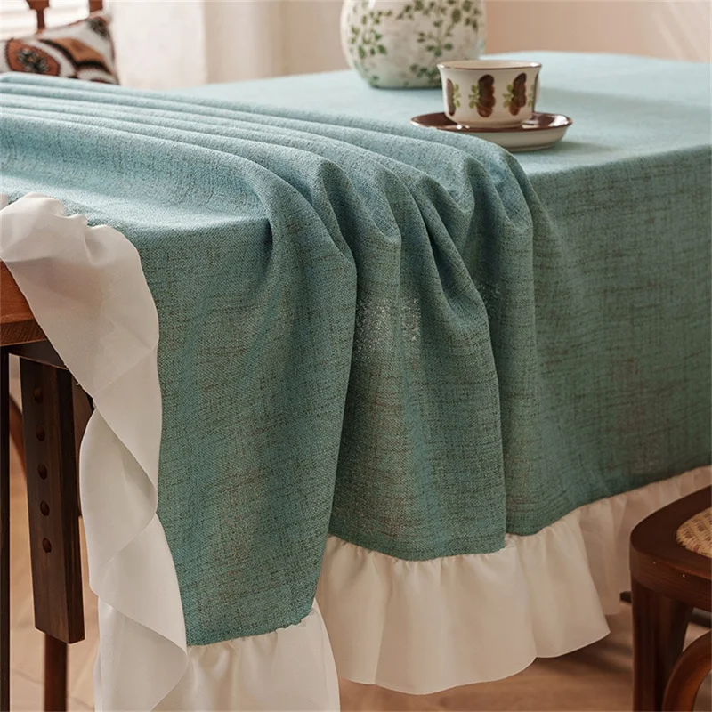 140 x 180cm Cotton Linen Tablecloth Ruffle Thick Table Cloth Cover for Wedding Party Dining Banquet - Green