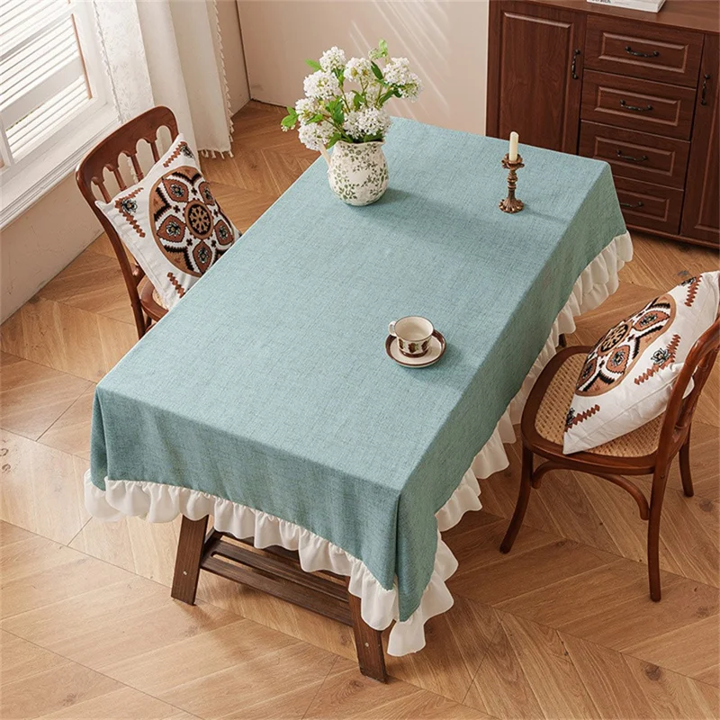 140 x 180cm Cotton Linen Tablecloth Ruffle Thick Table Cloth Cover for Wedding Party Dining Banquet - Green