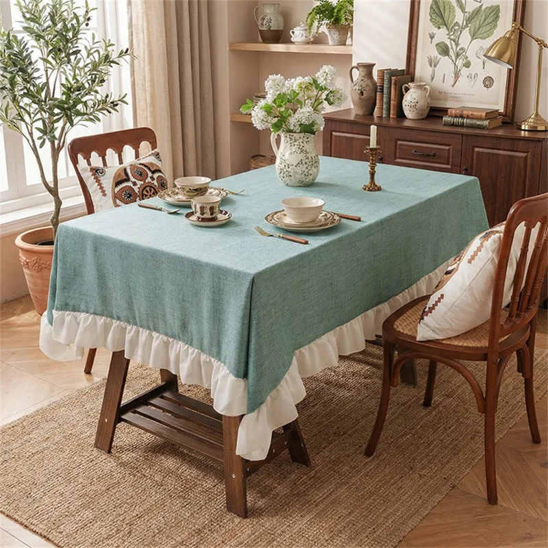 140 x 230 cm bomuldslinen borddække med rynke, tykt borddække til bryllup, fest, spisning, festmiddag - grønt