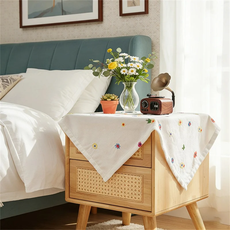 Telo per Comodino 60 x 60 cm, Copertura Antipolvere con Ricamo Floreale per Stampante, Microonde, Frigorifero - Bianco