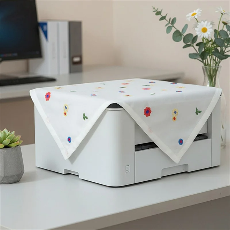 Telo per Comodino 60 x 60 cm, Copertura Antipolvere con Ricamo Floreale per Stampante, Microonde, Frigorifero - Bianco