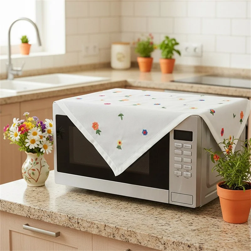 Telo per Comodino 90 x 90 cm, Copertura Antipolvere con Ricamo Floreale Bianco per Stampante, Forno a Microonde, Frigorifero