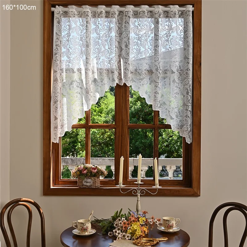 160 x 100cm Sheer Curtain Lace Flower Short Curtain Home Decor for Living Room - White