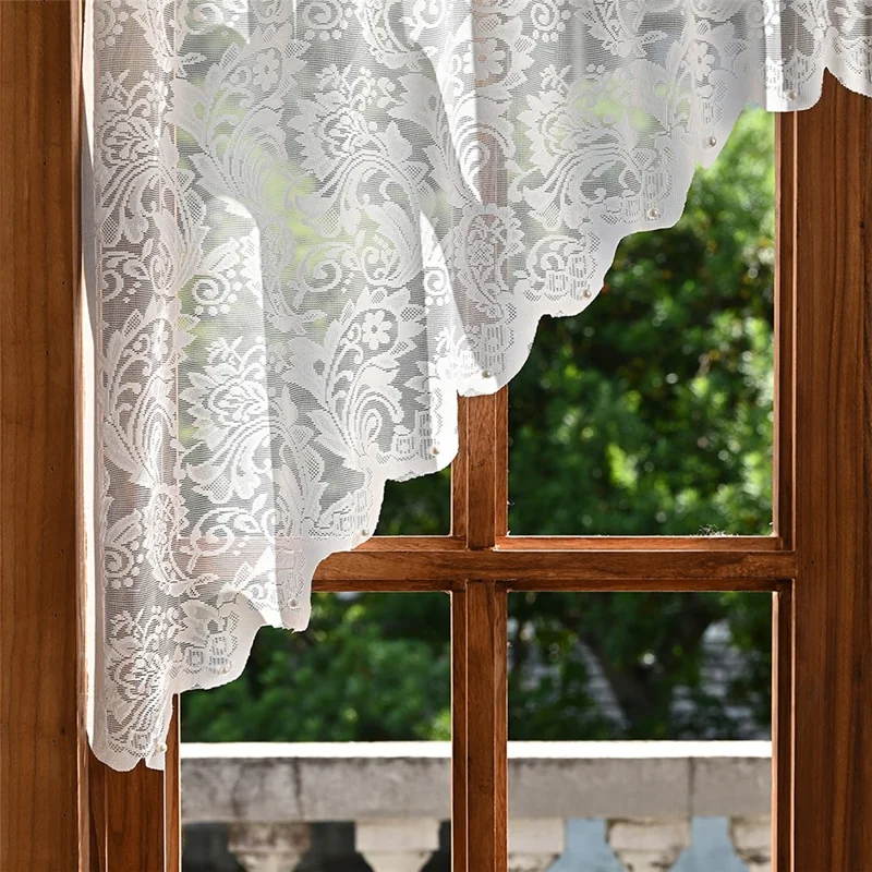 160 x 100cm Sheer Curtain Lace Flower Short Curtain Home Decor for Living Room - White