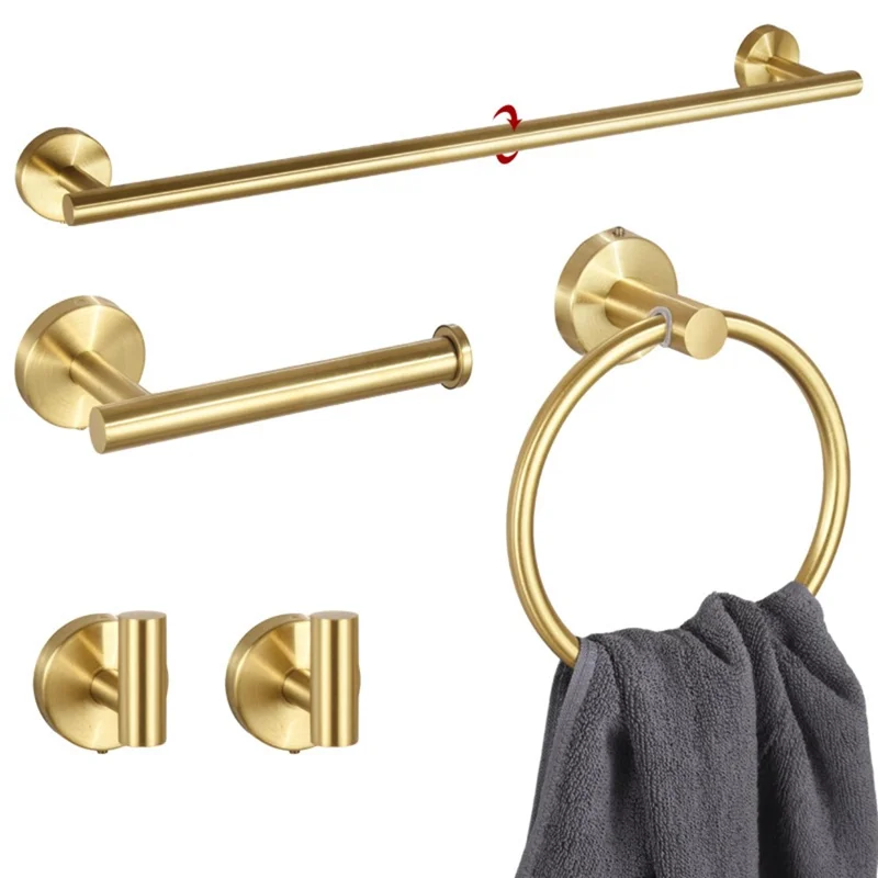 5Pcs Bathroom Hardware Set Stainless Steel Towel Bar Tissue Holder Wall Mounted Storage Hook - Gold