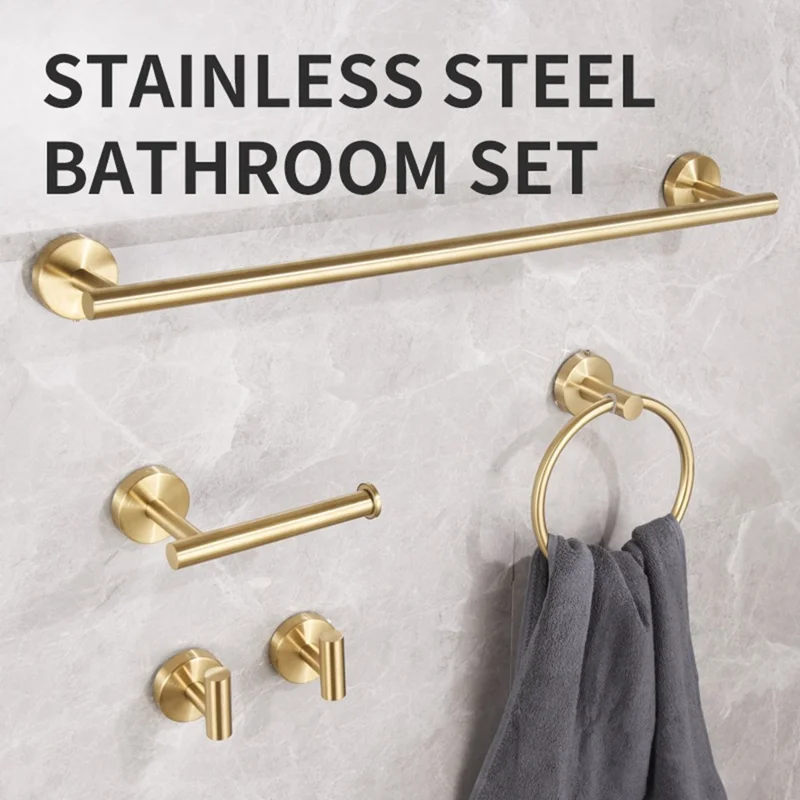 5Pcs Bathroom Hardware Set Stainless Steel Towel Bar Tissue Holder Wall Mounted Storage Hook - Gold